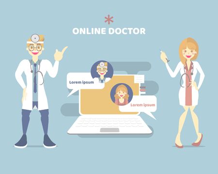 telemedicine doctor, online health care chat with male and female doctor, telehealth concept, flat vector illustration cartoon character design clip artのイラスト素材