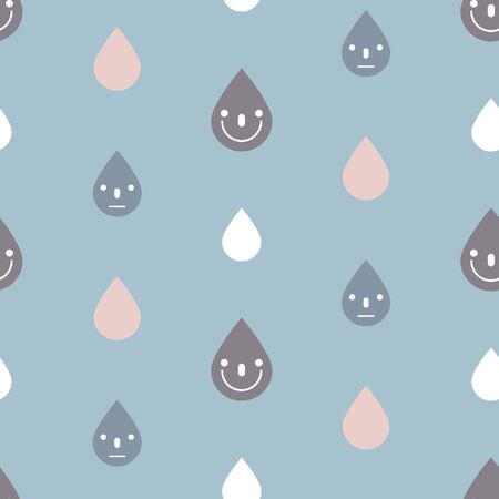 seamless cute rain drop, rainy season weather repeat pattern in blue background,  flat vector illustration designのイラスト素材