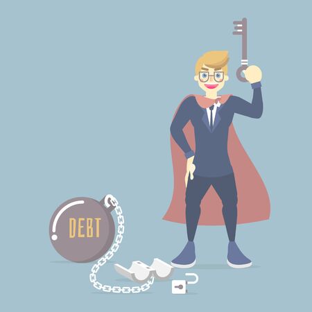 happy businessman wearing superhero costume, holding key, use it to unlock key pad chain from steel metal ball, financial, debt concept, flat vector illustration cartoon character design clip artのイラスト素材
