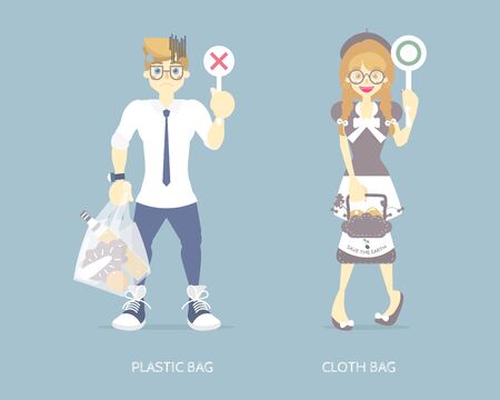 international plastic bag free day, nature earth day with man and woman holding plastic bag, cloth bag, save world pollution concept, flat vector illustration cartoon character designのイラスト素材