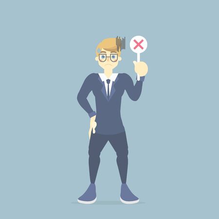 businessman in suit holding wrong, incorrect, false sign symbol, business finance concept, flat vector illustration character cartoon design clip artのイラスト素材