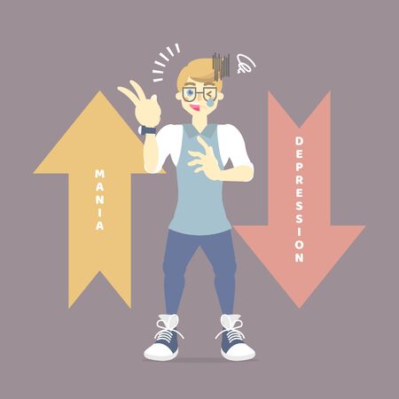 world bipolar disorder day with man having mania and depression mood phase concept, vector illustration cartoon flat character design clip artのイラスト素材