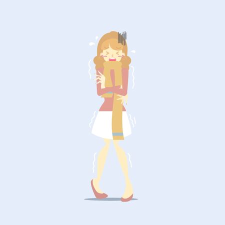 woman in yellow scarf, arm crossed shaking, shiver, chills, health care concept, vector illustration cartoon flat character designのイラスト素材