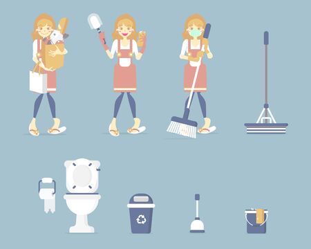 set of female housekeeper, woman do grocery shopping, holding toilet brush and sponge, cleaning toilet with mop, broom, bin, bucket, chore concept, flat character design vector illustration cartoonのイラスト素材