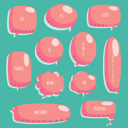 collection set of hand drawn line frame border, blank speech bubble balloon watermelon circle and square shape, pastel color, think, speak, talk, text box, banner, flat design vector illustrationのイラスト素材