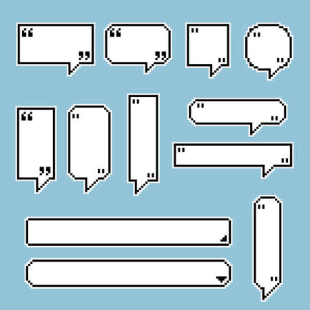 collection set of retro game 8 bit line pixel speech bubble balloon black and white color with shadow, flat design vector illustrationのイラスト素材