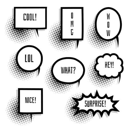 collection set of cute hand drawn pop art polka dots colorful halftone blank speech bubble balloon, shout, think, speak, talk, text box, banner, flat, design, vector illustrationのイラスト素材