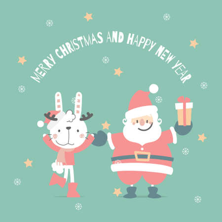 merry christmas and happy new year with cute santa claus and white bunny rabbit in the winter season green background, flat vector illustration cartoon character costume designのイラスト素材