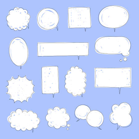 collection set of blank black and white hand drawing speech bubble balloon, think speak talk text box, banner, flat vector illustration designのイラスト素材