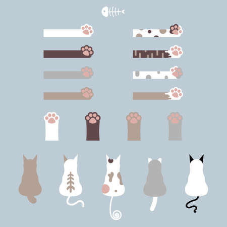 collection set of cute animal pet cat and dog paw footprint with fish bone, flat design vector character illustrationのイラスト素材
