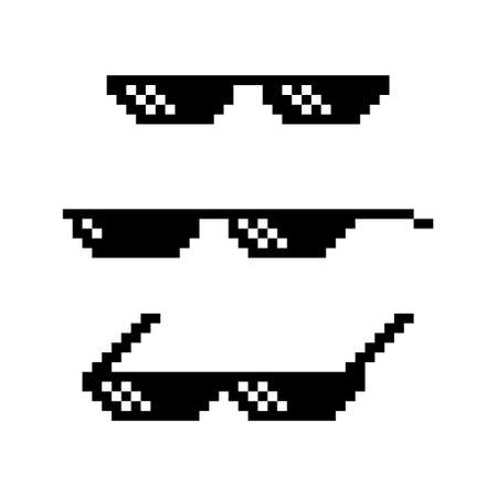 collection set of retro game 8 bit pixel thug life sun glasses, black and white color, flat design vector illustrationのイラスト素材