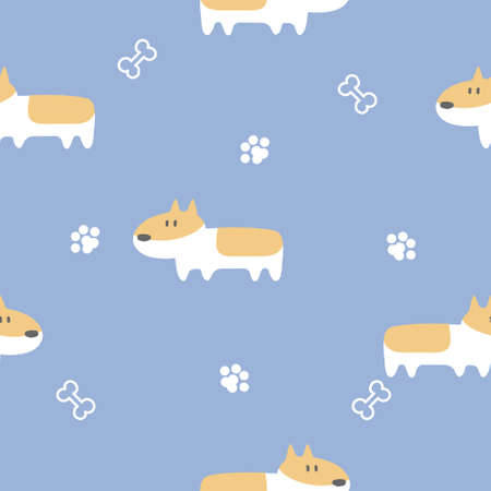 seamless cute animal pet corgi dog repeat pattern with bone, foot print paw in blue background flat vector illustration cartoon character designのイラスト素材
