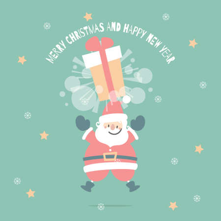 merry christmas and happy new year with cute santa claus and present gift in the winter season green background, flat vector illustration cartoon character costume designのイラスト素材