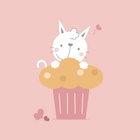 cute and lovely hand drawn cat with cupcake, love concept, happy valentine's day, birthday, flat vector illustration cartoon character design isolatedのイラスト素材