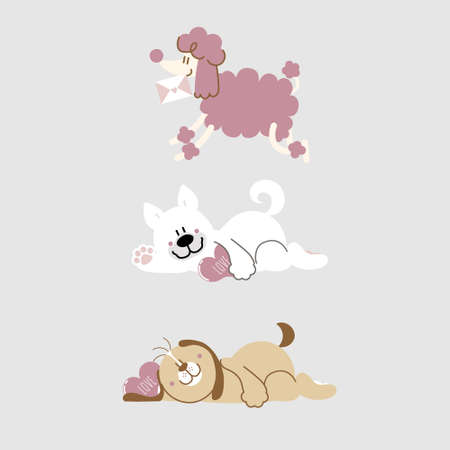 collection set of cute and lovely hand drawn dog holding heart and love letter, happy valentine's day, flat vector illustration cartoon character costume designのイラスト素材