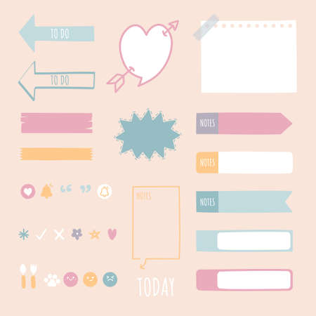 set of cute hand drawn, doodle blank sticky note pad with icon, tape, speech bubble balloon think, speak, talk, note pad, memo, text box banner reminder planner, flat design, vector, illustrationのイラスト素材