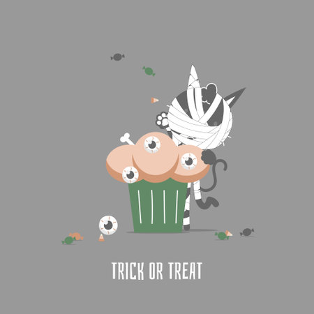 happy halloween holiday festival with cute mummy cat and eyeball cupcake, flat vector illustration cartoon character designのイラスト素材