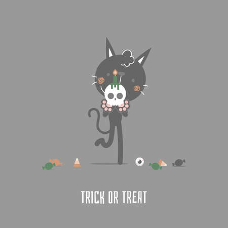 happy halloween holiday festival with cute cat and skull, flat vector illustration cartoon character designのイラスト素材