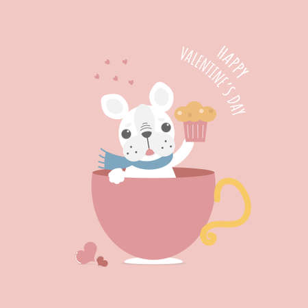 cute and lovely hand drawn cute french bulldog pug holding cup cake in pink cup, happy valentine's day, love concept, flat vector illustration cartoon character costume designのイラスト素材