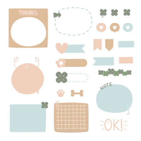 set of cute hand drawn, doodle text box with icon, speech bubble balloon, text box, flat design, vector, illustrationのイラスト素材