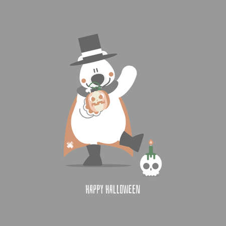 happy halloween holiday festival with teddy bear and pumpkin skull, flat vector illustration cartoon character designのイラスト素材