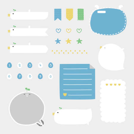 set of cute hand drawn, doodle text box with icon, speech bubble balloon, text box, flat design, vector, illustrationのイラスト素材
