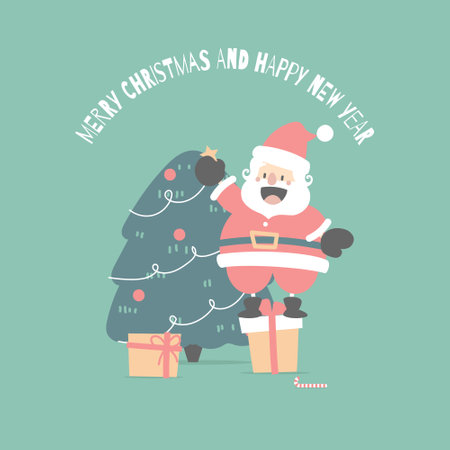 merry christmas and happy new year with cute santa claus and snowman in the winter season, flat vector illustration cartoon character costume designのイラスト素材