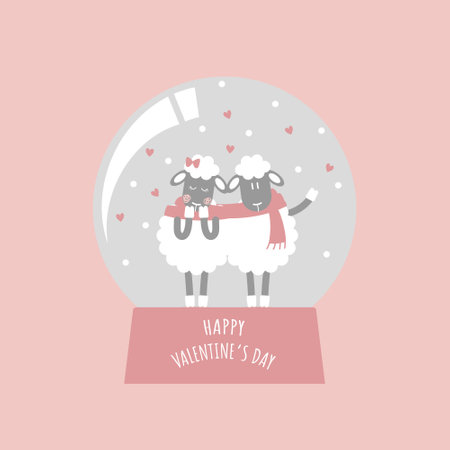 cute and lovely hand drawn couple sheep in crystal ball, happy valentine's day, love concept, flat vector illustration cartoon character costume designのイラスト素材