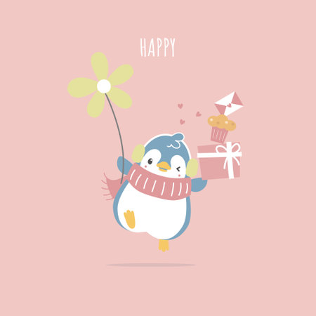 cute and lovely hand drawn penguin holding gift and cupcake with heart, happy valentine's day, love concept, flat vector illustration cartoon character costume designのイラスト素材