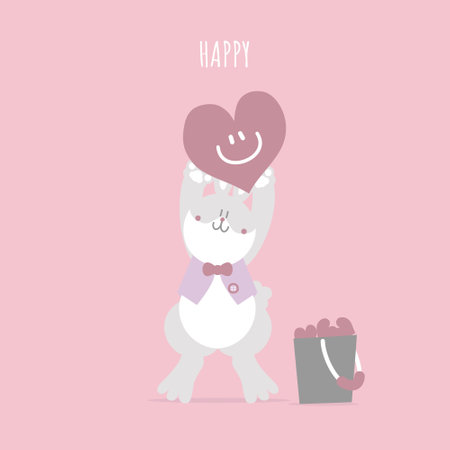animal pet bunny rabbit and heart, valentineâs day, happy easter, flat vector illustration cartoon characterのイラスト素材
