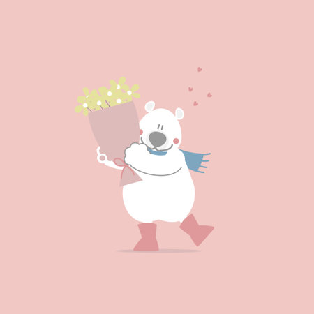 cute and lovely hand drawn white polar bear with flower, happy valentine's day, love concept, flat vector illustration cartoon character costume designのイラスト素材