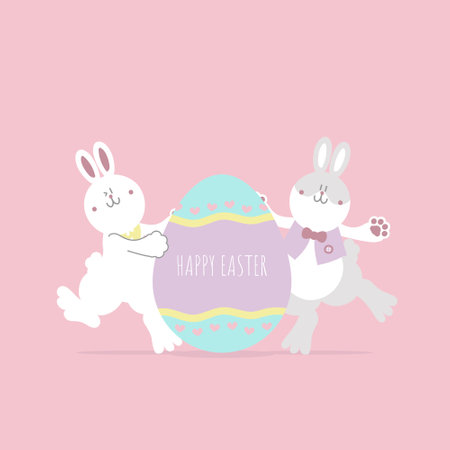 happy easter festival with animal pet bunny rabbit and egg, pastel color, flat vector illustration cartoon characterのイラスト素材