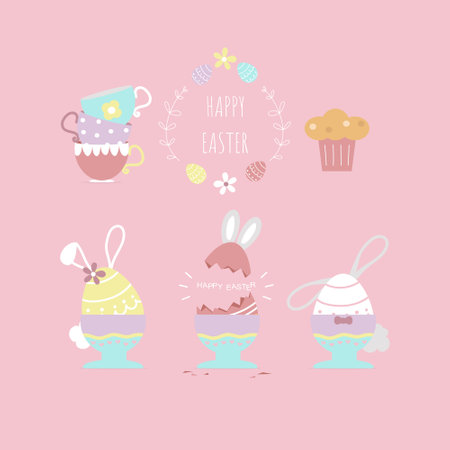 happy easter festival with animal pet bunny rabbit and egg, pastel color, flat vector illustration cartoon characterのイラスト素材