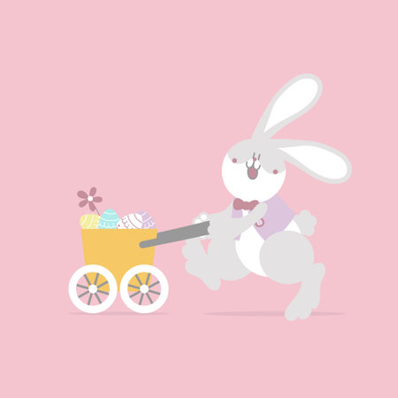 happy easter festival with animal pet bunny rabbit and egg, pastel color, flat vector illustration cartoon characterのイラスト素材