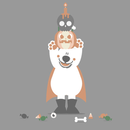 happy halloween with polar bear, skull, pumpkin and sweet candy, flat vector illustration cartoon character designのイラスト素材