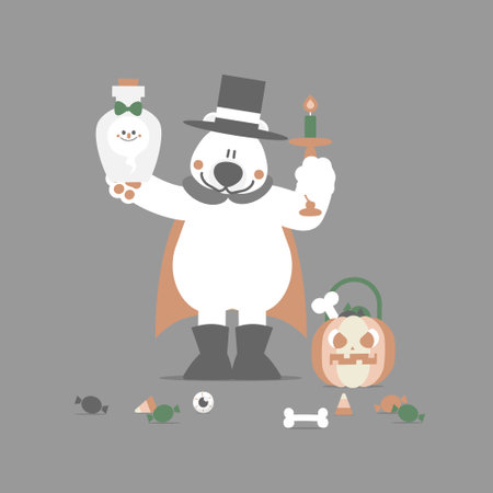 happy halloween holiday festival with polar bear, ghost, pumpkin and candy, flat vector illustration cartoon character designのイラスト素材