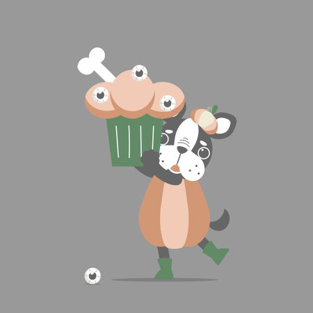 happy halloween holiday festival with cute dog and cupcake, flat vector illustration cartoon character designのイラスト素材