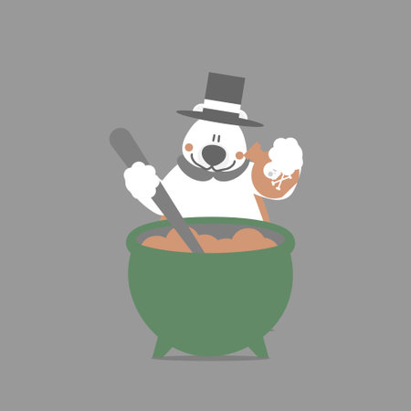 happy halloween holiday festival with polar bear and cauldron with magic potion, flat vector illustration cartoon character designのイラスト素材