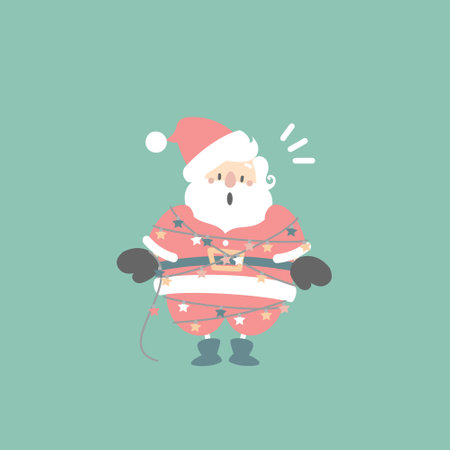 merry christmas and happy new year with cute santa claus in the winter season green background, flat vector illustration cartoon character costume designのイラスト素材