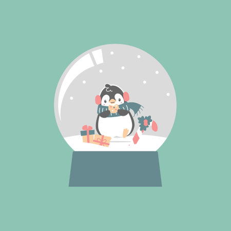 merry christmas and happy new year with cute penguin, candy cane and present gift in crystal ball, flat vector illustration cartoon character costume designのイラスト素材