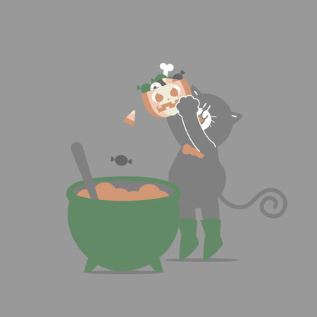 happy halloween holiday festival with black cat and cauldron with pumpkin and candy, flat vector illustration cartoon character designのイラスト素材