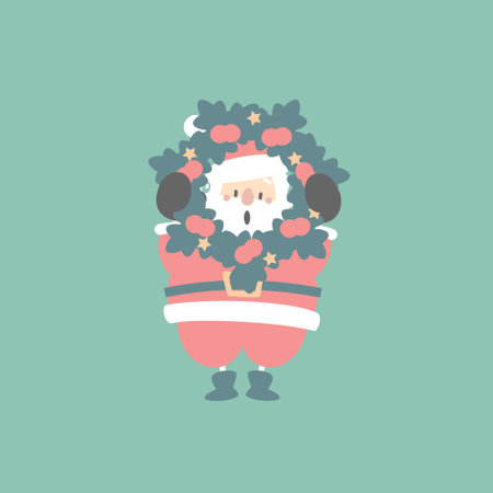 merry christmas and happy new year with cute santa claus and wreath in the winter season green background, flat vector illustration cartoon character costume designのイラスト素材