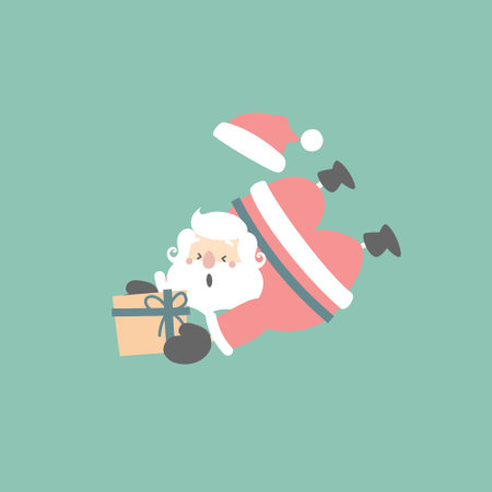 merry christmas and happy new year with cute santa claus and present gift in the winter season green background, flat vector illustration cartoon character costume designのイラスト素材