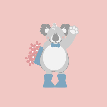 cute and lovely koala bear holding flower, happy valentine's day, birthday, love concept, flat vector illustration cartoon character design isolatedのイラスト素材