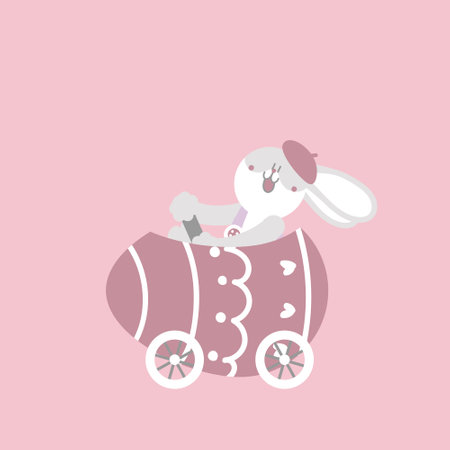 happy easter festival with animal pet bunny rabbit riding egg car, pastel color, flat vector illustration cartoon characterのイラスト素材