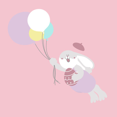 happy easter festival with animal pet bunny rabbit, balloon and egg, pastel color, flat vector illustration cartoon characterのイラスト素材