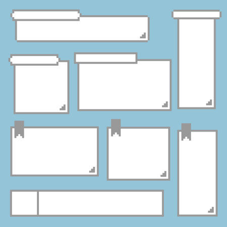 collection set of retro game 8bit pixel text box banner black and white color, flat design vector illustrationのイラスト素材