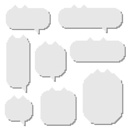 collection set of retro game 3d 8bit cat pixel speech bubble balloon black and white color, flat design vector illustrationのイラスト素材