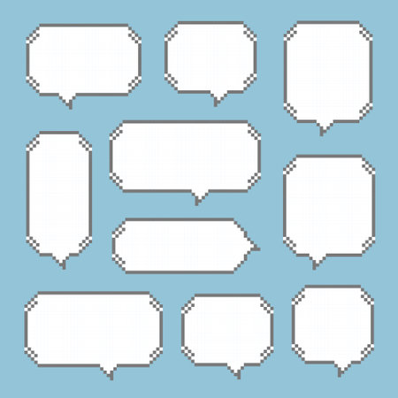 collection set of retro game 8bit pixel speech bubble balloon black and white color, flat design vector illustrationのイラスト素材