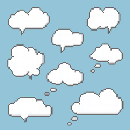 collection set of retro game 8bit cloud pixel speech bubble balloon, flat design vector illustrationのイラスト素材